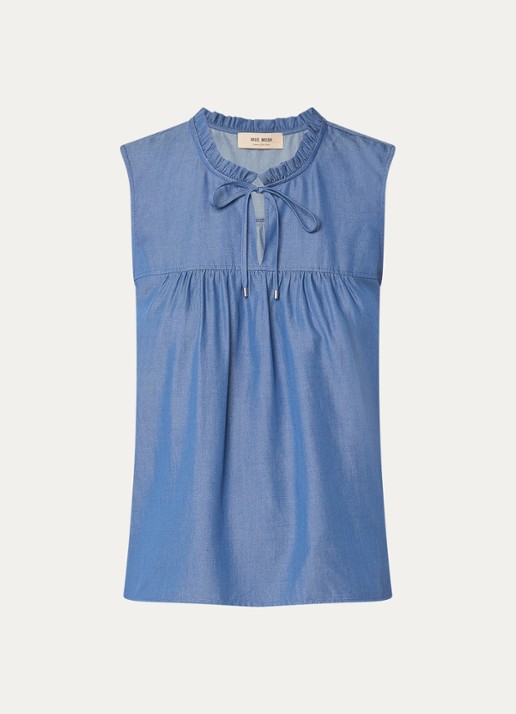 Mos Mosh MMSolandra mouwloze top van chambray met ruches - voorkant blauw