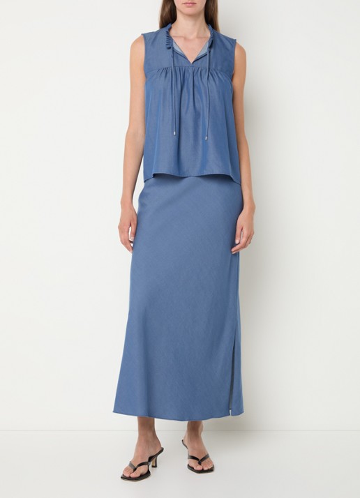 Mos Mosh MMSolandra mouwloze top van chambray met ruches - voorkant 2 blauw
