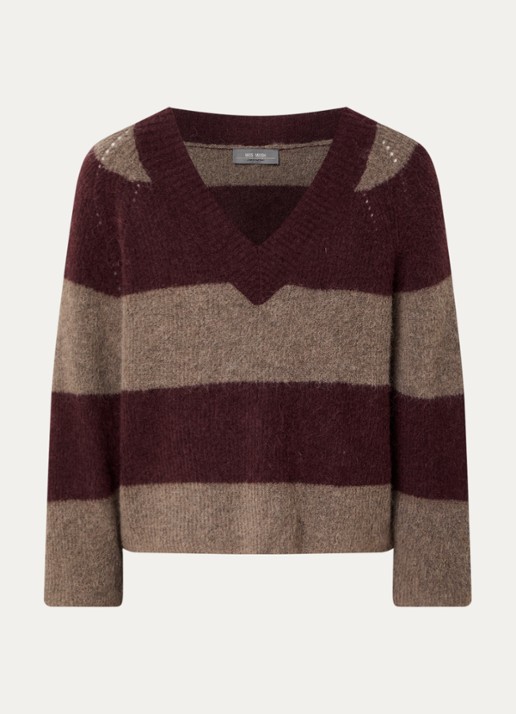 Mos Mosh MMTaci grofgebreide trui in alpaca wolblend met streepprint - voorkant 2 bordeauxrood