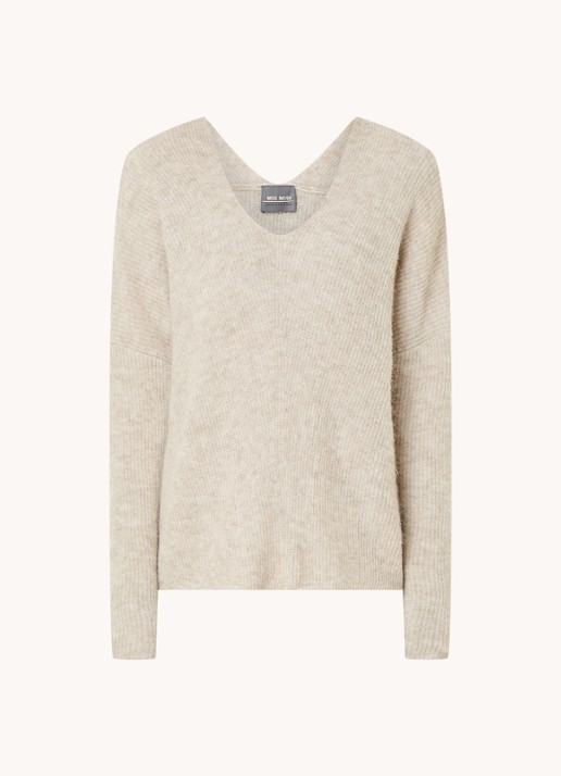 Mos Mosh MMThora fijngebreide pullover in alpaca wolblend met V-hals - voorkant 3 feather grey / donkerbeige