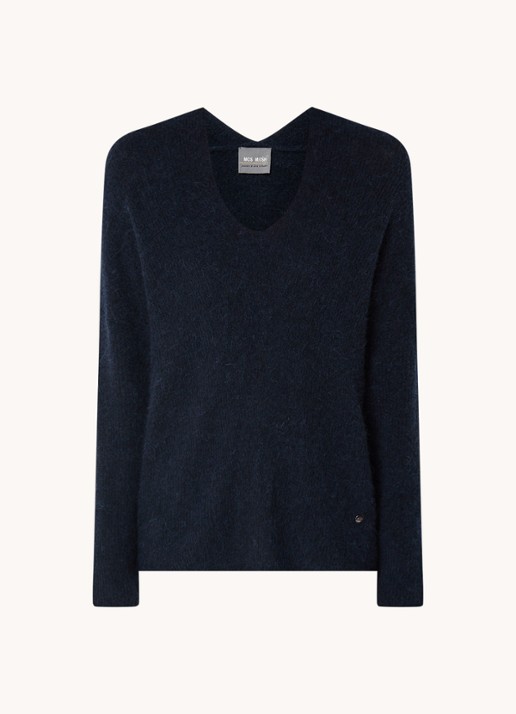 Mos Mosh MMThora fijngebreide pullover in alpaca wolblend met V-hals - voorkant 2 salute navy / donkerblauw