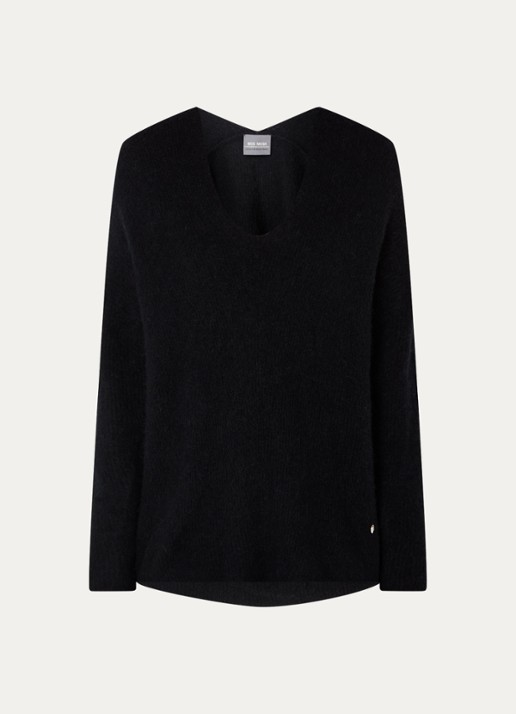 Mos Mosh MMThora fijngebreide pullover in alpaca wolblend met V-hals - voorkant 2 black / zwart