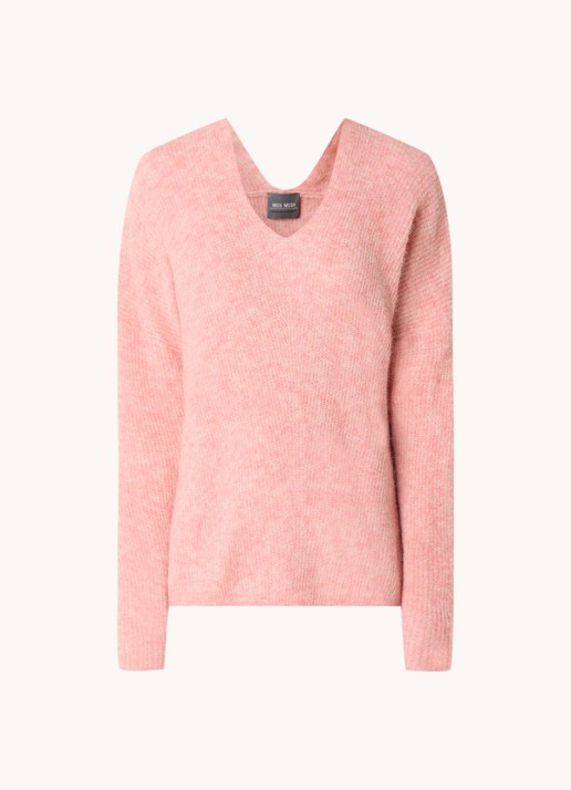 Mos Mosh MMThora fijngebreide pullover in alpaca wolblend met V-hals - voorkant rosette / roze