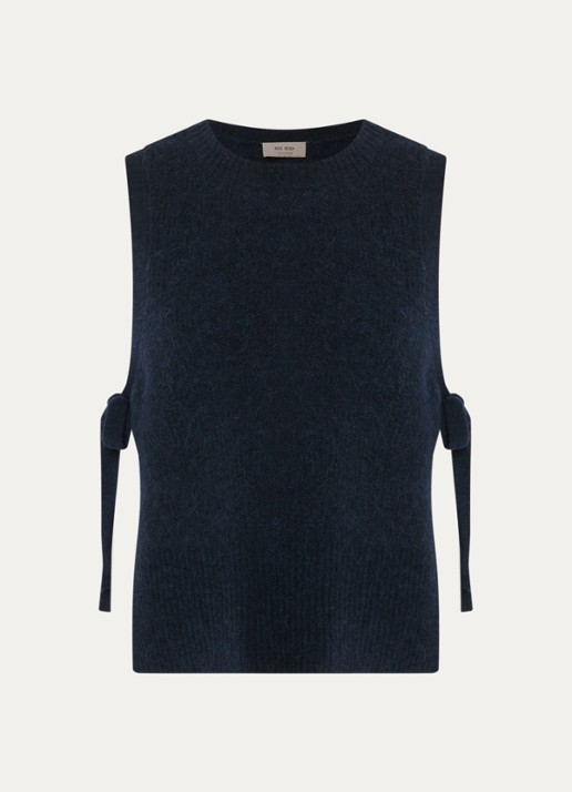 Mos Mosh MMThora grofgebreide spencer in alpaca wolblend met gestrikt detail - voorkant donkerblauw