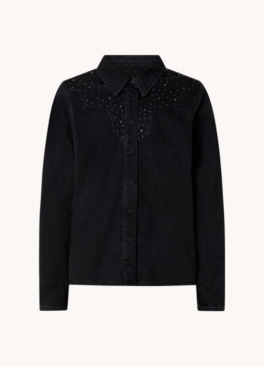 Mos Mosh MMVira blouse van denim met strass - voorkant 3 zwart