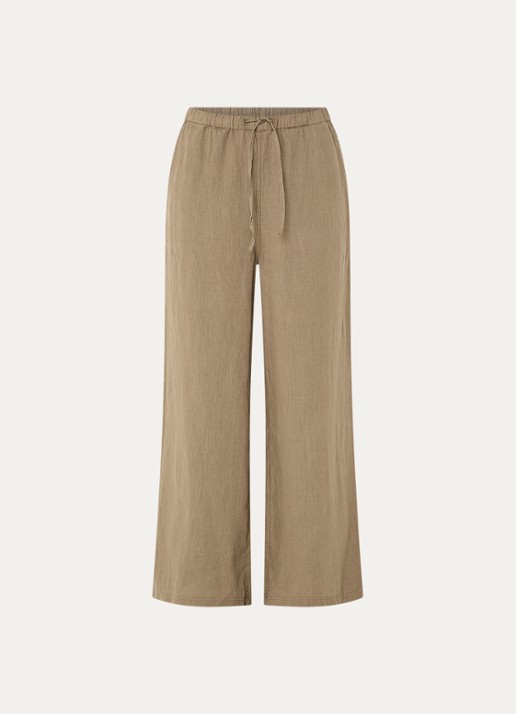 Moscow Heylow mid waist wide fit broek van linnen met steekzakken - voorkant khaki