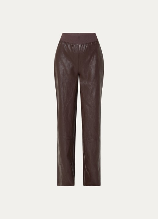 Moscow Margaux high waist wide fit broek van imitatieleer - voorkant 3 donkerbruin