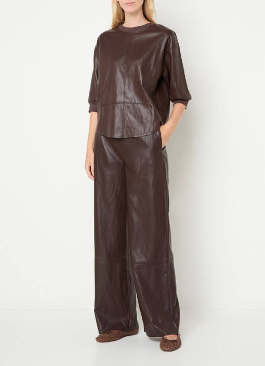 Moscow Margaux high waist wide fit broek van imitatieleer - voorkant 4 donkerbruin