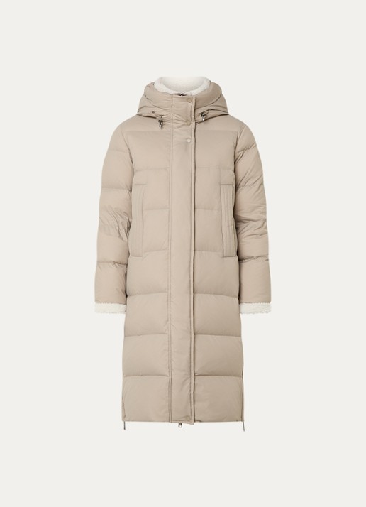 Moscow Xenia longline puffer jas met donsvulling en details van teddy - voorkant taupe