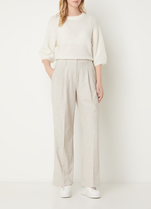 MSCH Copenhagen High waist straight fit pantalon met gemêleerd dessin - voorkant 4 beige