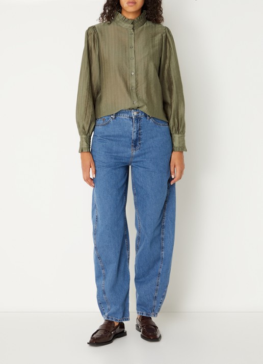 MSCH Copenhagen MSCHFemine blouse met ruches en pofmouw - voorkant 3 olijfgroen