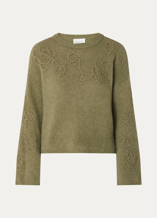 MSCH Copenhagen MSCHMiabelle Hope fijngebreide pullover in alpaca wolblend met bloemborduring - voorkant 3 olijfgroen