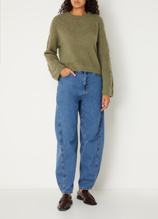 MSCH Copenhagen MSCHMiabelle Hope fijngebreide pullover in alpaca wolblend met bloemborduring - voorkant 4 olijfgroen