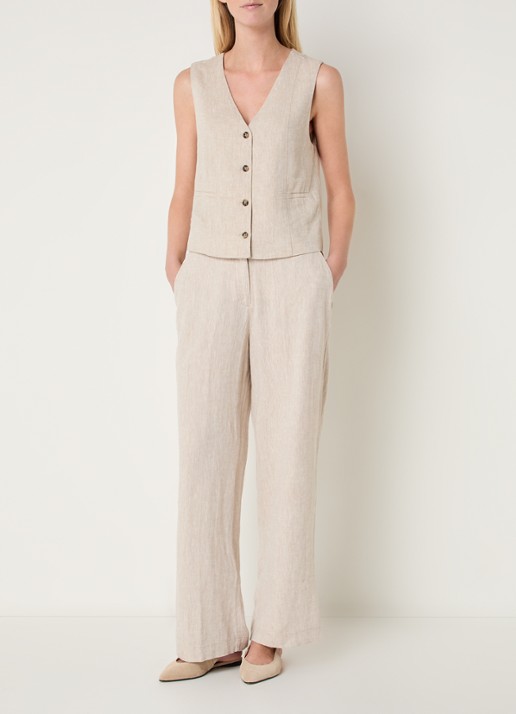 MSCH Copenhagen MSCHPennie high waist wide fit pantalon in linnenblend met steekzakken - voorkant 2 beige