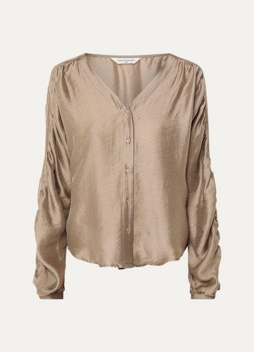 MSCH Copenhagen Ramona blouse van satijn met ballonmouw - voorkant 3 lichtbruin