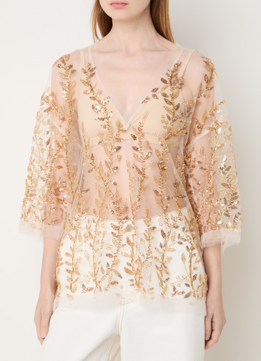 MUNTHE Babur semi-transparante top van mesh met strass en pailletten