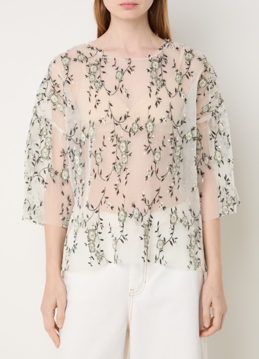 MUNTHE Baltazar semi-transparante top met bloemborduring en plissé