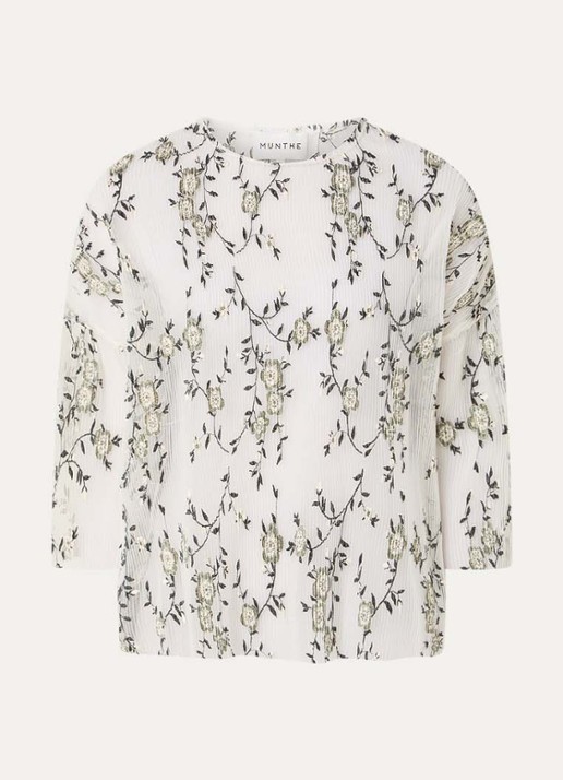 MUNTHE Baltazar semi-transparante top met bloemborduring en plissé - voorkant 3 gebroken wit