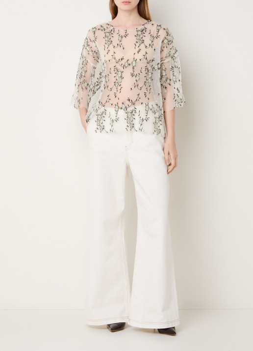 MUNTHE Baltazar semi-transparante top met bloemborduring en plissé - voorkant 4 gebroken wit