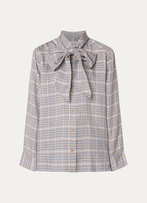 MUNTHE Blouse met sjaalkraag en ruitdessin - voorkant lichtgrijs