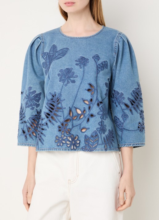 MUNTHE Bramble tuniek van denim met bloemborduring en opengewerkt detail