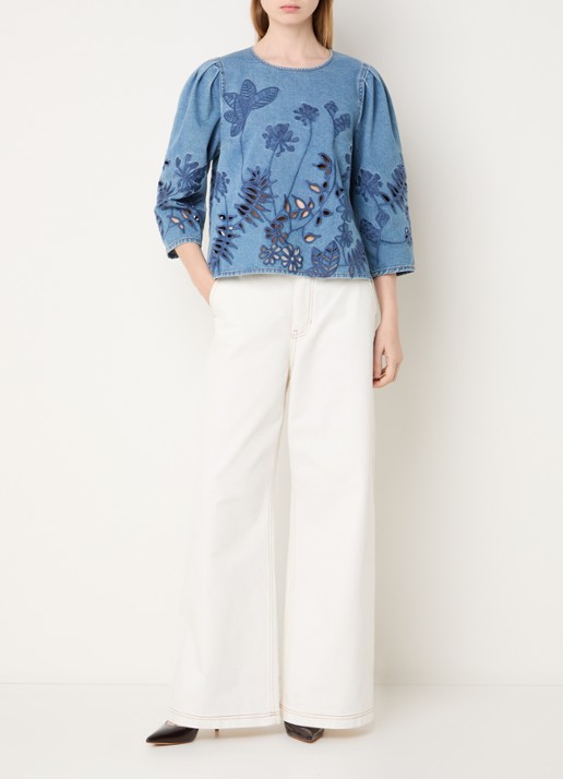 MUNTHE Bramble tuniek van denim met bloemborduring en opengewerkt detail - voorkant 2 indigo