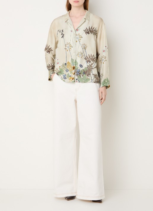 MUNTHE Faiza blouse van satijn met bloemenprint - voorkant 4 lindegroen