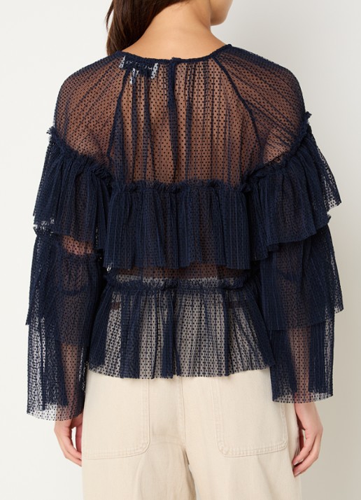 MUNTHE Naria semi-transparante top met stippenprint - achterkant donkerblauw