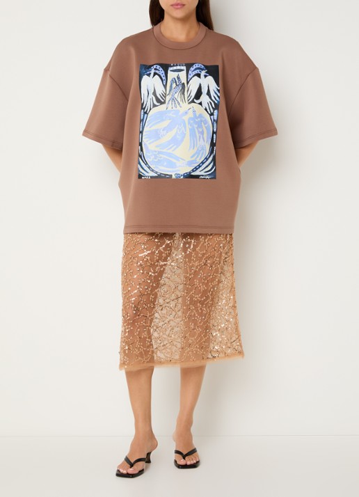 MUNTHE Ninia semi-transparante midi rok met strass - voorkant 2 lichtbruin