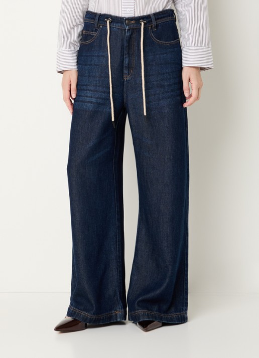 MUNTHE Obey high waist wide leg jeans met trekkoord en donkere wassing