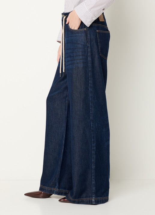MUNTHE Obey high waist wide leg jeans met trekkoord en donkere wassing - detail 5 indigo