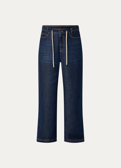 MUNTHE Obey high waist wide leg jeans met trekkoord en donkere wassing - voorkant 2 indigo