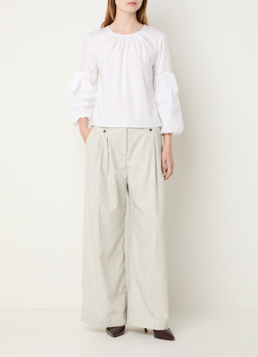 MUNTHE Robbie high waist wide fit pantalon met gemêleerd dessin - voorkant 4 lichtgrijs