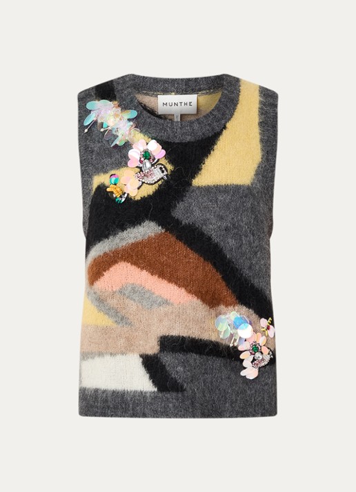 MUNTHE Rubble grofgebreide spencer met strass - voorkant 3 donkergrijs