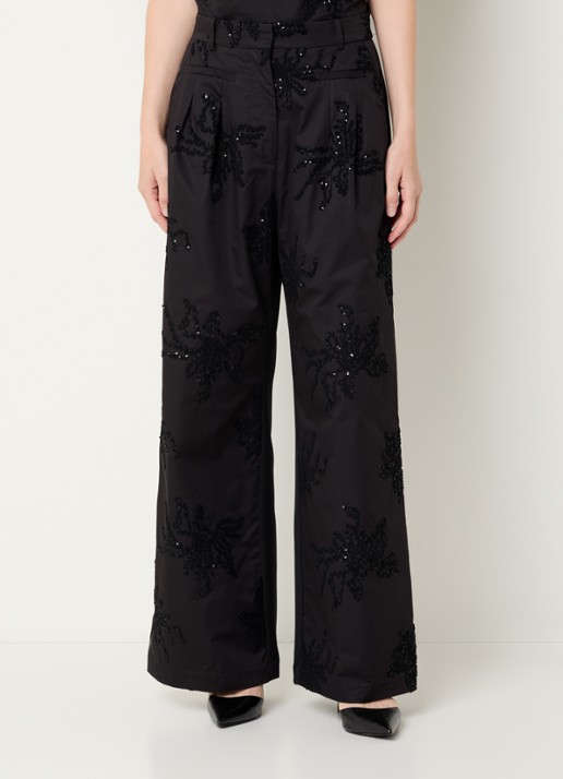 MUNTHE Stormy high waist wide fit palazzo broek met borduring en pailletten
