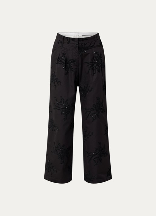 MUNTHE Stormy high waist wide fit palazzo broek met borduring en pailletten - voorkant zwart