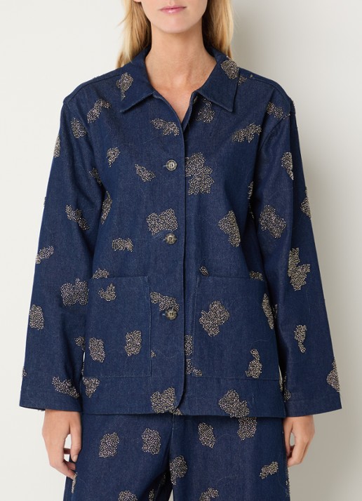 MUNTHE Vichola blouse van denim met kralendecoratie - detail indigo