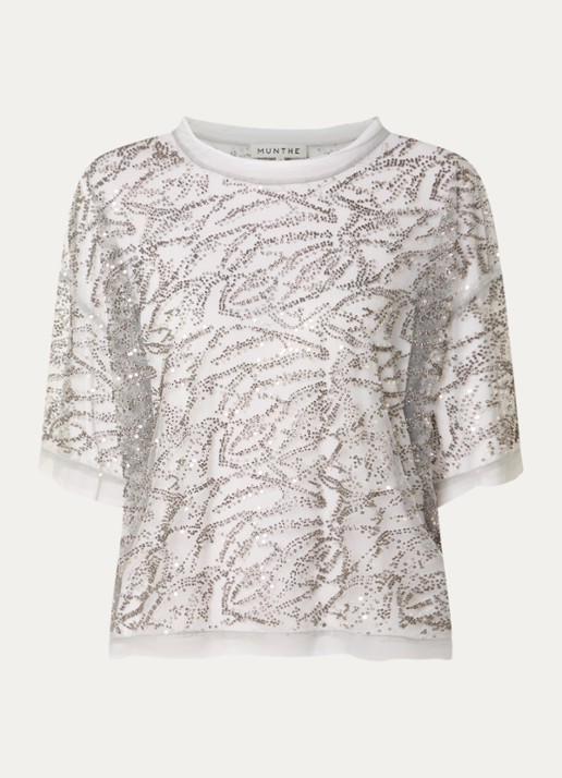 MUNTHE Vun semi-transparante top van mesh met pailletten en strass - voorkant 3 zilver