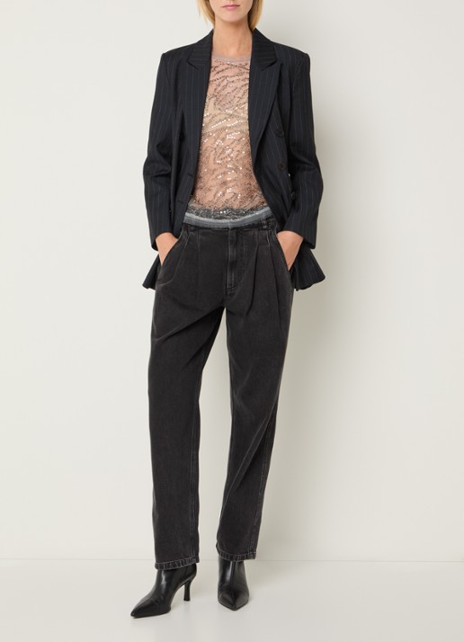MUNTHE Vun semi-transparante top van mesh met pailletten en strass - voorkant 4 zilver