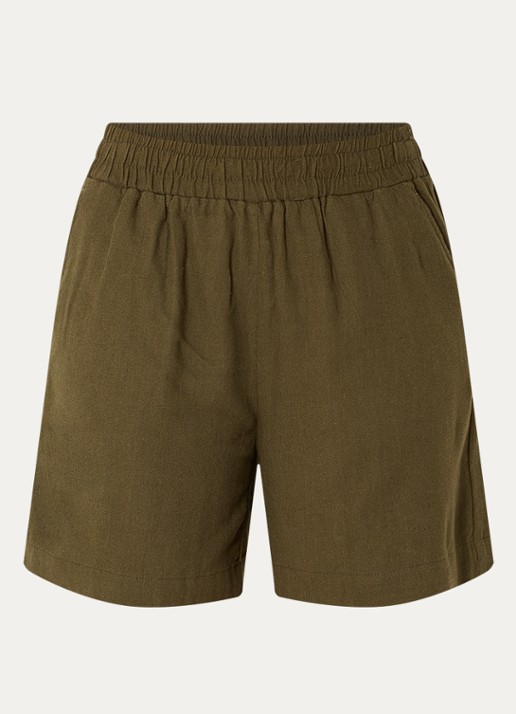My Essential Wardrobe Dia high waist wide fit korte broek in linnenblend - voorkant 3 bronsgroen