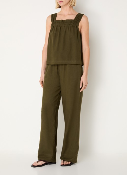 My Essential Wardrobe Dia wide fit pantalon in linnenblend - voorkant 3 bronsgroen