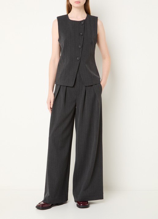 My Essential Wardrobe Luna high waist wide fit pantalon met krijtstreep - voorkant 4 donkergrijs