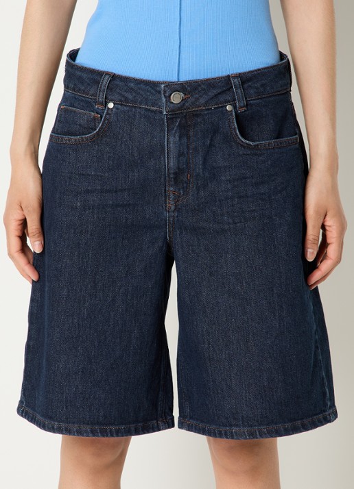 My Essential Wardrobe Zita high waist wide fit korte broek van denim met steekzakken  - detail 3 donkerblauw