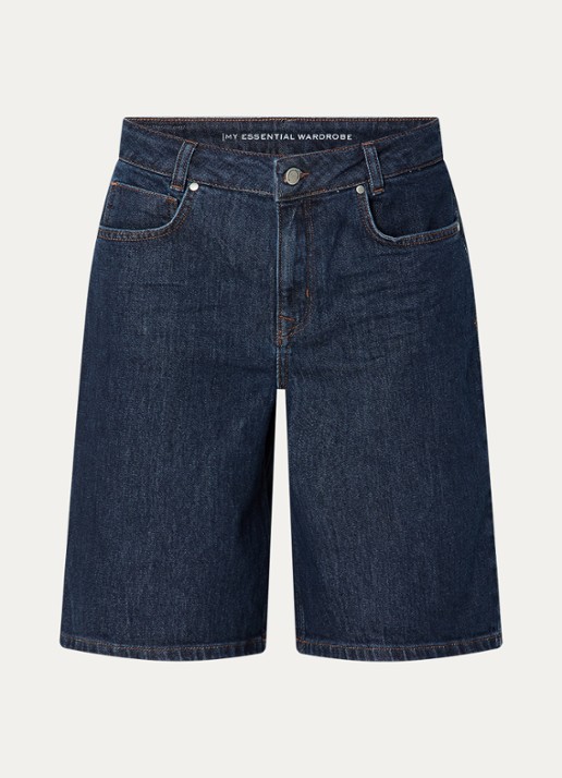 My Essential Wardrobe Zita high waist wide fit korte broek van denim met steekzakken  - voorkant donkerblauw