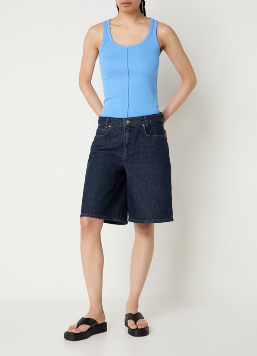 My Essential Wardrobe Zita high waist wide fit korte broek van denim met steekzakken  - voorkant 2 donkerblauw