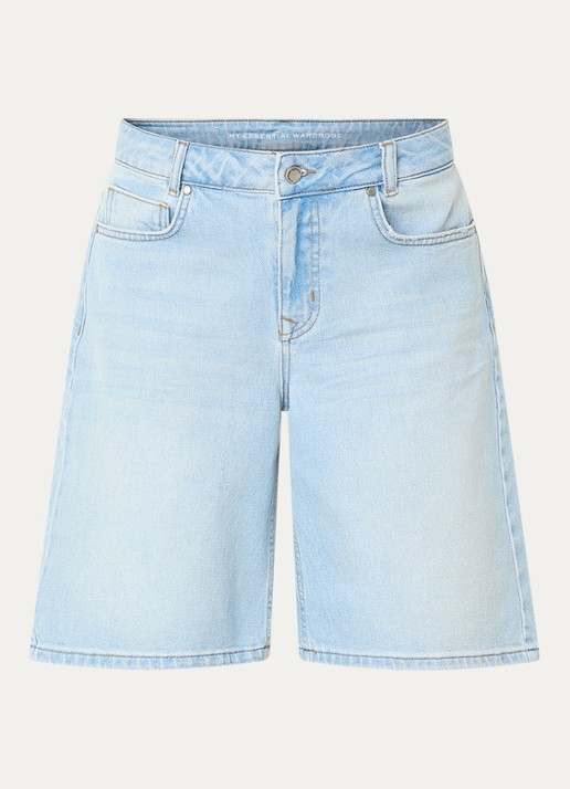My Essential Wardrobe Zita high waist wide fit korte broek van denim met steekzakken  - voorkant 2 lichtblauw
