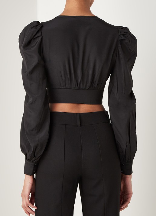 NA-KD Cropped blouse van satijn met ballonmouw - achterkant zwart