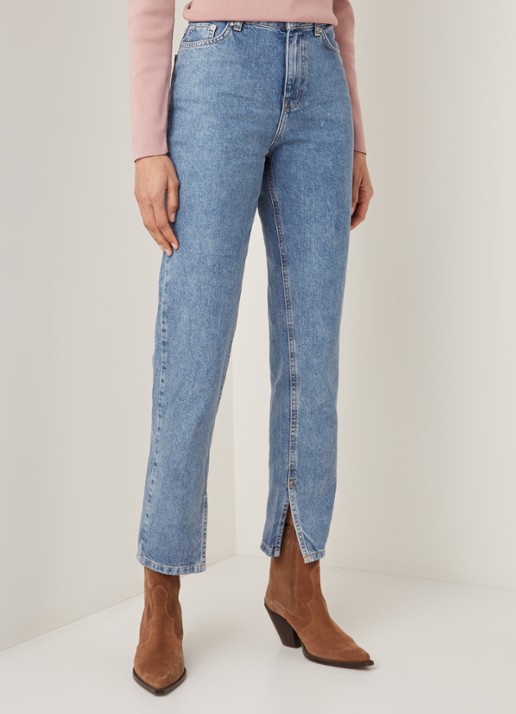 NA-KD High waist straight leg jeans met splitten - detail indigo