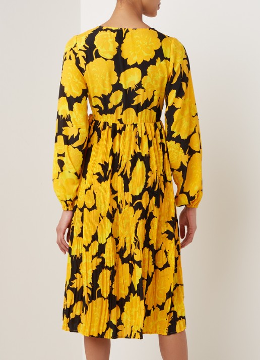 NA-KD Midi jurk met plissé en bloemenprint - achterkant 3 geel