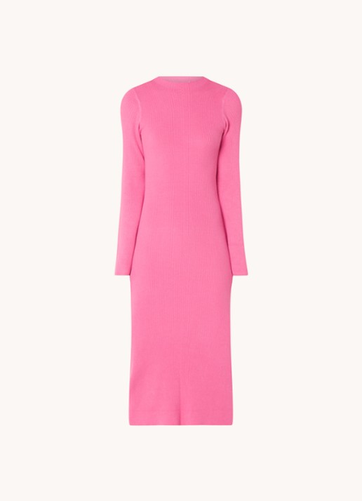 NA-KD Ribgebreide midi trui-jurk met lage col - voorkant 2 roze